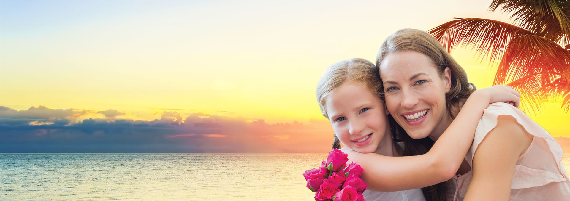 Woman and girl in sunset